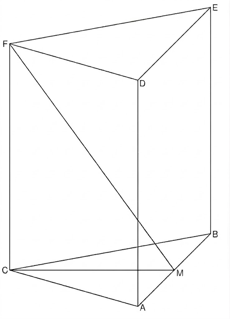 Geometrische Skizze eines Quaders mit markierten Punkten A–F und M, vertikalen Kanten sowie mehreren Diagonalen und Verbindungslinien.